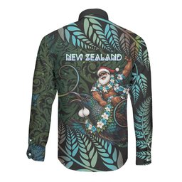 New Zealand Christmas Long Sleeve Button Shirt Santa Riding Tui Bird Silver Fern