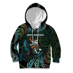 New Zealand Christmas Kid Hoodie Santa Riding Tui Bird Silver Fern