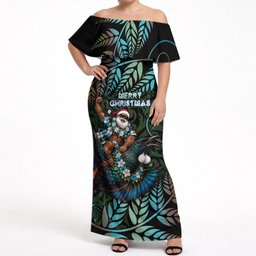 New Zealand Christmas Off Shoulder Maxi Dress Santa Riding Tui Bird Silver Fern