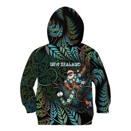 New Zealand Christmas Kid Hoodie Santa Riding Tui Bird Silver Fern