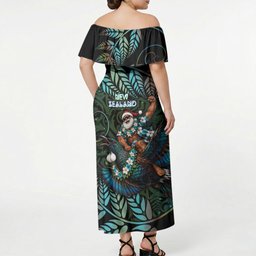 New Zealand Christmas Off Shoulder Maxi Dress Santa Riding Tui Bird Silver Fern