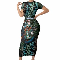 New Zealand Christmas Short Sleeve Bodycon Dress Santa Riding Tui Bird Silver Fern