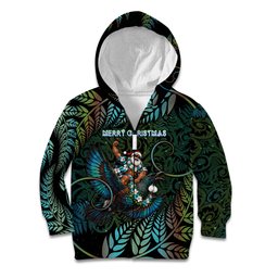 New Zealand Christmas Kid Hoodie Santa Riding Tui Bird Silver Fern