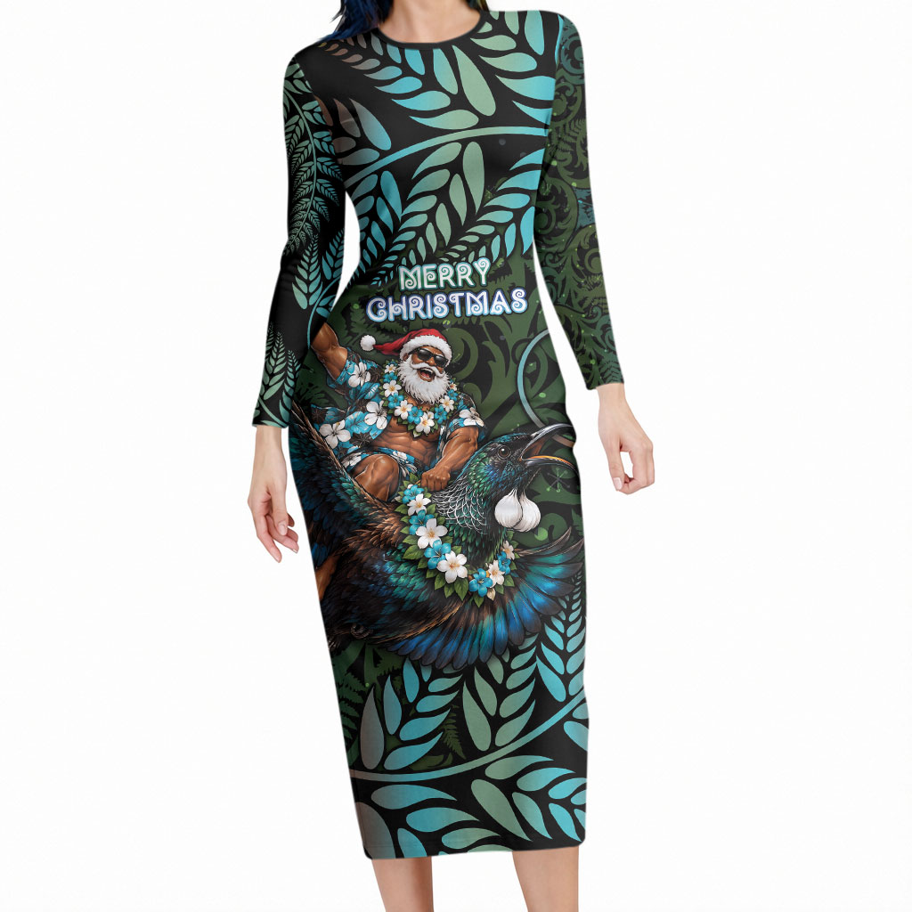 New Zealand Christmas Long Sleeve Bodycon Dress Santa Riding Tui Bird Silver Fern