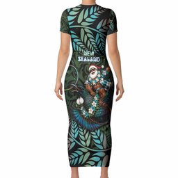 New Zealand Christmas Short Sleeve Bodycon Dress Santa Riding Tui Bird Silver Fern