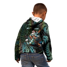 New Zealand Christmas Kid Hoodie Santa Riding Tui Bird Silver Fern