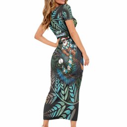 New Zealand Christmas Short Sleeve Bodycon Dress Santa Riding Tui Bird Silver Fern