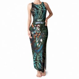New Zealand Christmas Tank Maxi Dress Santa Riding Tui Bird Silver Fern