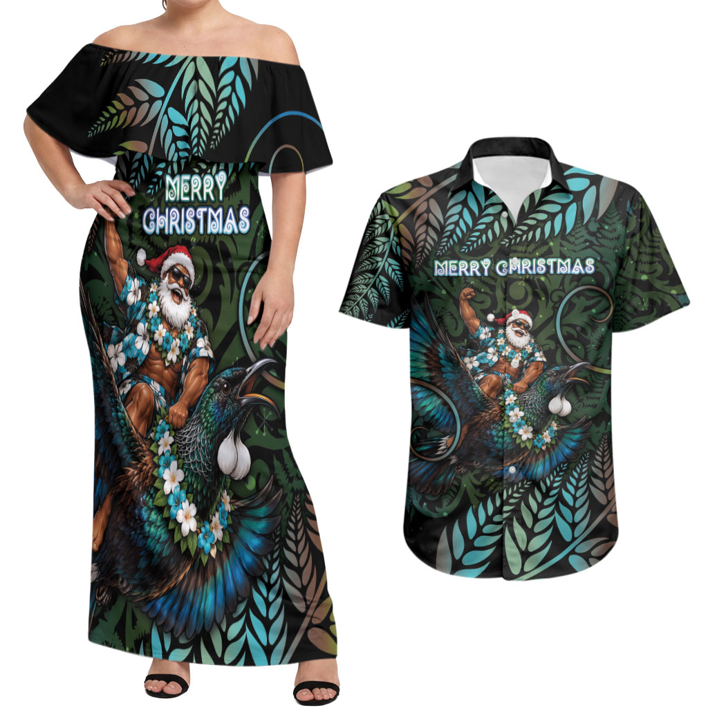 New Zealand Christmas Couples Matching Off Shoulder Maxi Dress and Hawaiian Shirt Santa Riding Tui Bird Silver Fern