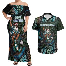 New Zealand Christmas Couples Matching Off Shoulder Maxi Dress and Hawaiian Shirt Santa Riding Tui Bird Silver Fern