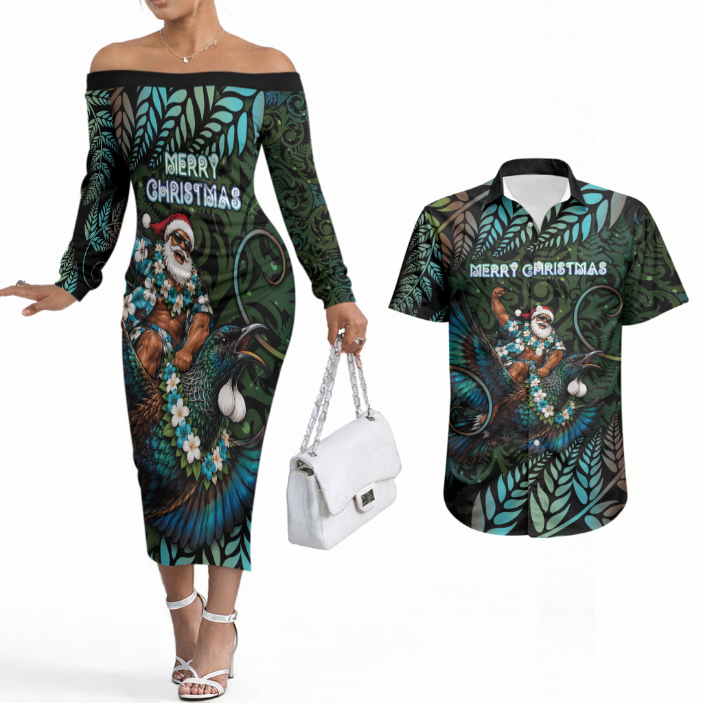 New Zealand Christmas Couples Matching Off The Shoulder Long Sleeve Dress and Hawaiian Shirt Santa Riding Tui Bird Silver Fern