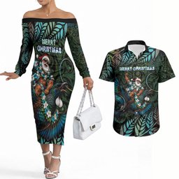 New Zealand Christmas Couples Matching Off The Shoulder Long Sleeve Dress and Hawaiian Shirt Santa Riding Tui Bird Silver Fern