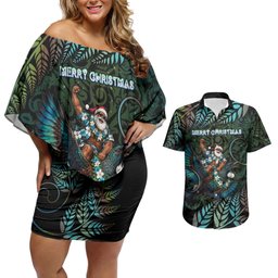 New Zealand Christmas Couples Matching Off Shoulder Short Dress and Hawaiian Shirt Santa Riding Tui Bird Silver Fern