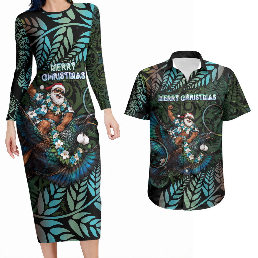 New Zealand Christmas Couples Matching Long Sleeve Bodycon Dress and Hawaiian Shirt Santa Riding Tui Bird Silver Fern