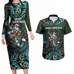 New Zealand Christmas Couples Matching Long Sleeve Bodycon Dress and Hawaiian Shirt Santa Riding Tui Bird Silver Fern