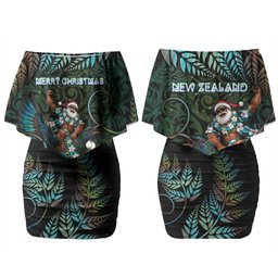 New Zealand Christmas Couples Matching Off Shoulder Short Dress and Hawaiian Shirt Santa Riding Tui Bird Silver Fern