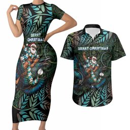 New Zealand Christmas Couples Matching Short Sleeve Bodycon Dress and Hawaiian Shirt Santa Riding Tui Bird Silver Fern