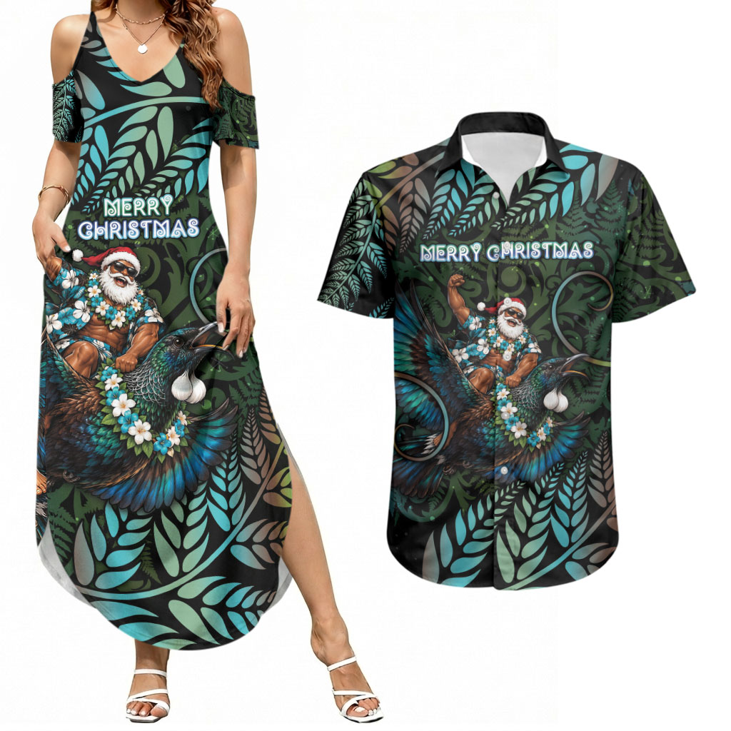 New Zealand Christmas Couples Matching Summer Maxi Dress and Hawaiian Shirt Santa Riding Tui Bird Silver Fern