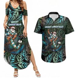 New Zealand Christmas Couples Matching Summer Maxi Dress and Hawaiian Shirt Santa Riding Tui Bird Silver Fern