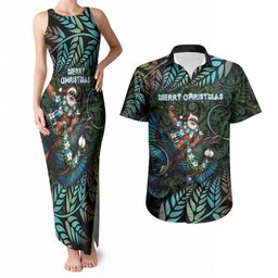 New Zealand Christmas Couples Matching Tank Maxi Dress and Hawaiian Shirt Santa Riding Tui Bird Silver Fern