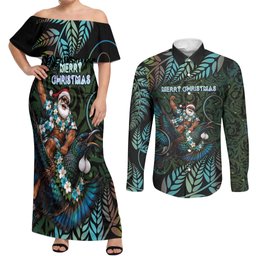 New Zealand Christmas Couples Matching Off Shoulder Maxi Dress and Long Sleeve Button Shirt Santa Riding Tui Bird Silver Fern