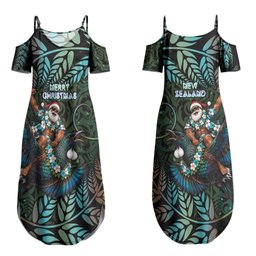 New Zealand Christmas Couples Matching Summer Maxi Dress and Hawaiian Shirt Santa Riding Tui Bird Silver Fern