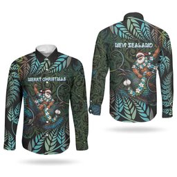 New Zealand Christmas Couples Matching Off Shoulder Maxi Dress and Long Sleeve Button Shirt Santa Riding Tui Bird Silver Fern