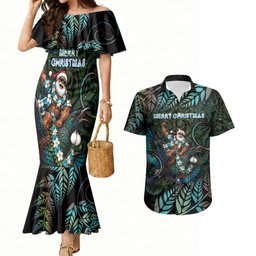 New Zealand Christmas Couples Matching Mermaid Dress and Hawaiian Shirt Santa Riding Tui Bird Silver Fern