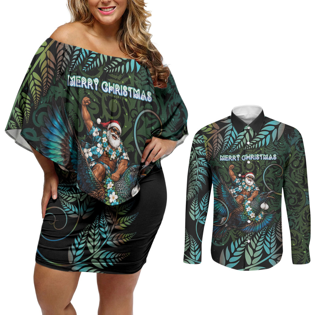 New Zealand Christmas Couples Matching Off Shoulder Short Dress and Long Sleeve Button Shirt Santa Riding Tui Bird Silver Fern