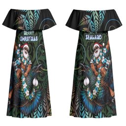 New Zealand Christmas Couples Matching Off Shoulder Maxi Dress and Long Sleeve Button Shirt Santa Riding Tui Bird Silver Fern