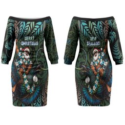 New Zealand Christmas Couples Matching Off The Shoulder Long Sleeve Dress and Long Sleeve Button Shirt Santa Riding Tui Bird Silver Fern