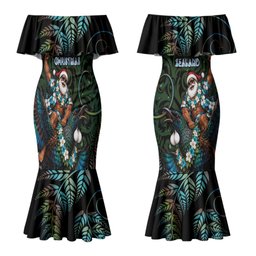 New Zealand Christmas Couples Matching Mermaid Dress and Hawaiian Shirt Santa Riding Tui Bird Silver Fern