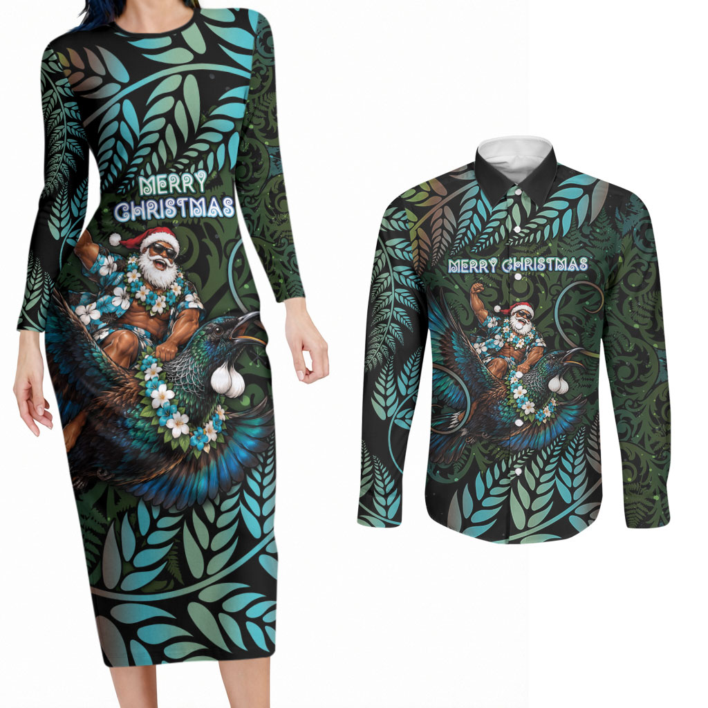 New Zealand Christmas Couples Matching Long Sleeve Bodycon Dress and Long Sleeve Button Shirt Santa Riding Tui Bird Silver Fern