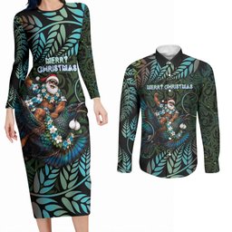 New Zealand Christmas Couples Matching Long Sleeve Bodycon Dress and Long Sleeve Button Shirt Santa Riding Tui Bird Silver Fern