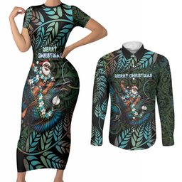 New Zealand Christmas Couples Matching Short Sleeve Bodycon Dress and Long Sleeve Button Shirt Santa Riding Tui Bird Silver Fern