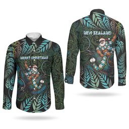New Zealand Christmas Couples Matching Long Sleeve Bodycon Dress and Long Sleeve Button Shirt Santa Riding Tui Bird Silver Fern