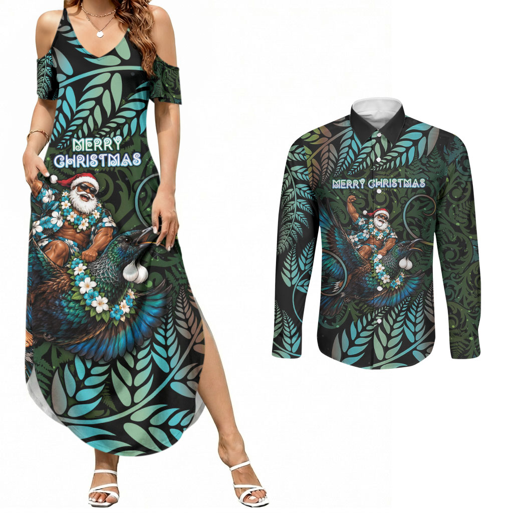 New Zealand Christmas Couples Matching Summer Maxi Dress and Long Sleeve Button Shirt Santa Riding Tui Bird Silver Fern