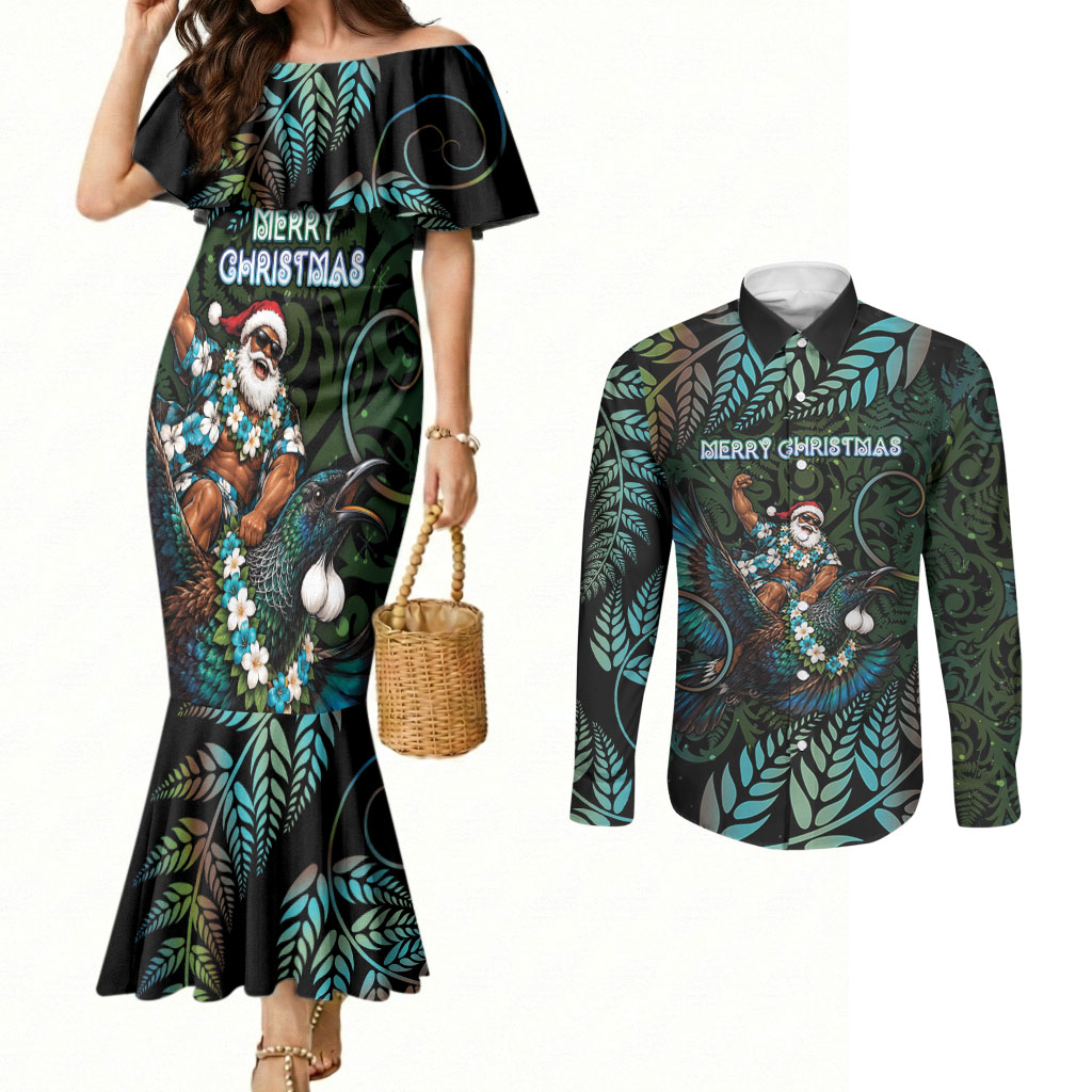 New Zealand Christmas Couples Matching Mermaid Dress and Long Sleeve Button Shirt Santa Riding Tui Bird Silver Fern