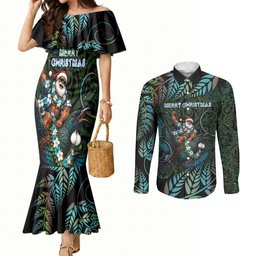 New Zealand Christmas Couples Matching Mermaid Dress and Long Sleeve Button Shirt Santa Riding Tui Bird Silver Fern