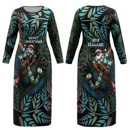 New Zealand Christmas Couples Matching Long Sleeve Bodycon Dress and Long Sleeve Button Shirt Santa Riding Tui Bird Silver Fern