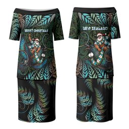 New Zealand Christmas Couples Matching Puletasi and Long Sleeve Button Shirt Santa Riding Tui Bird Silver Fern