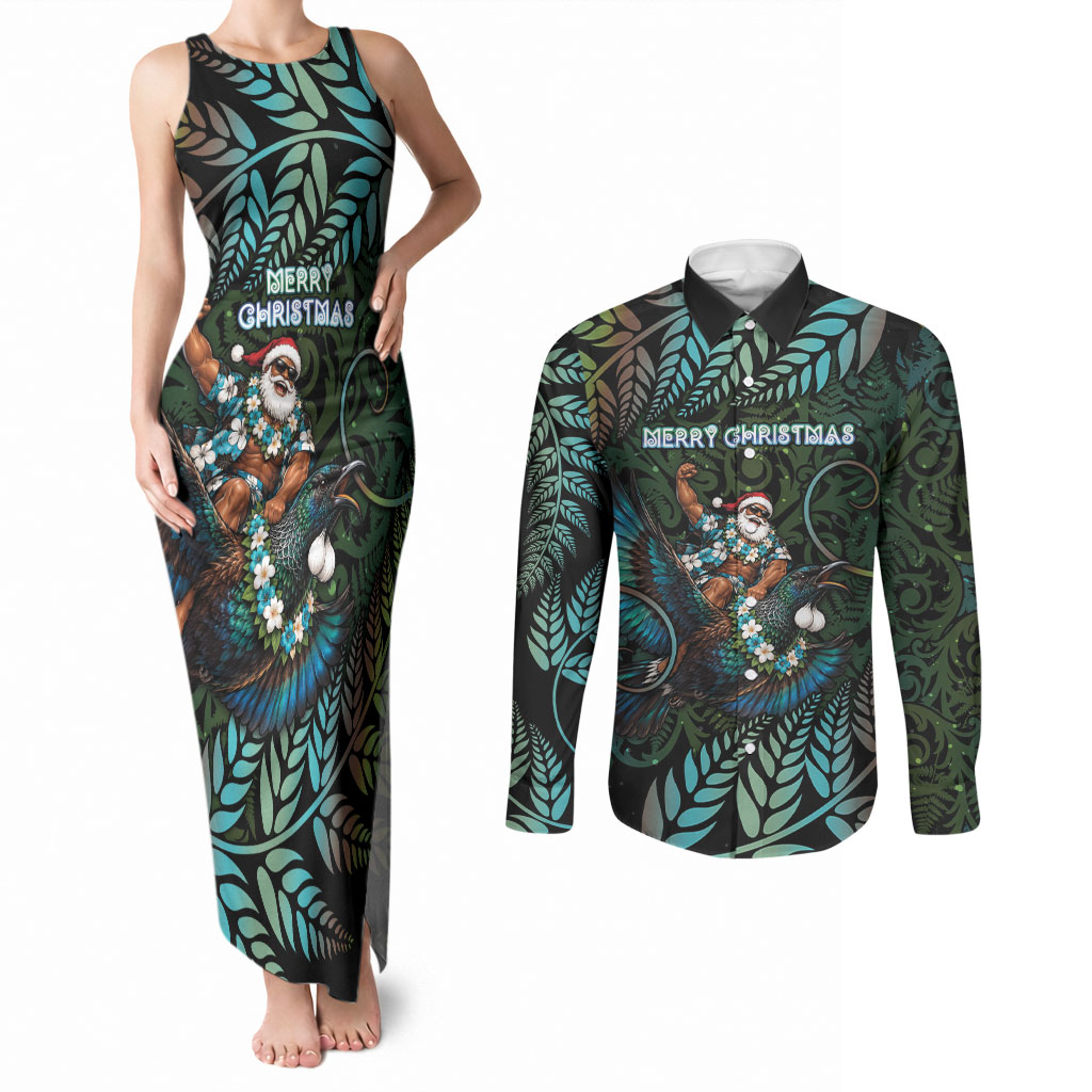 New Zealand Christmas Couples Matching Tank Maxi Dress and Long Sleeve Button Shirt Santa Riding Tui Bird Silver Fern