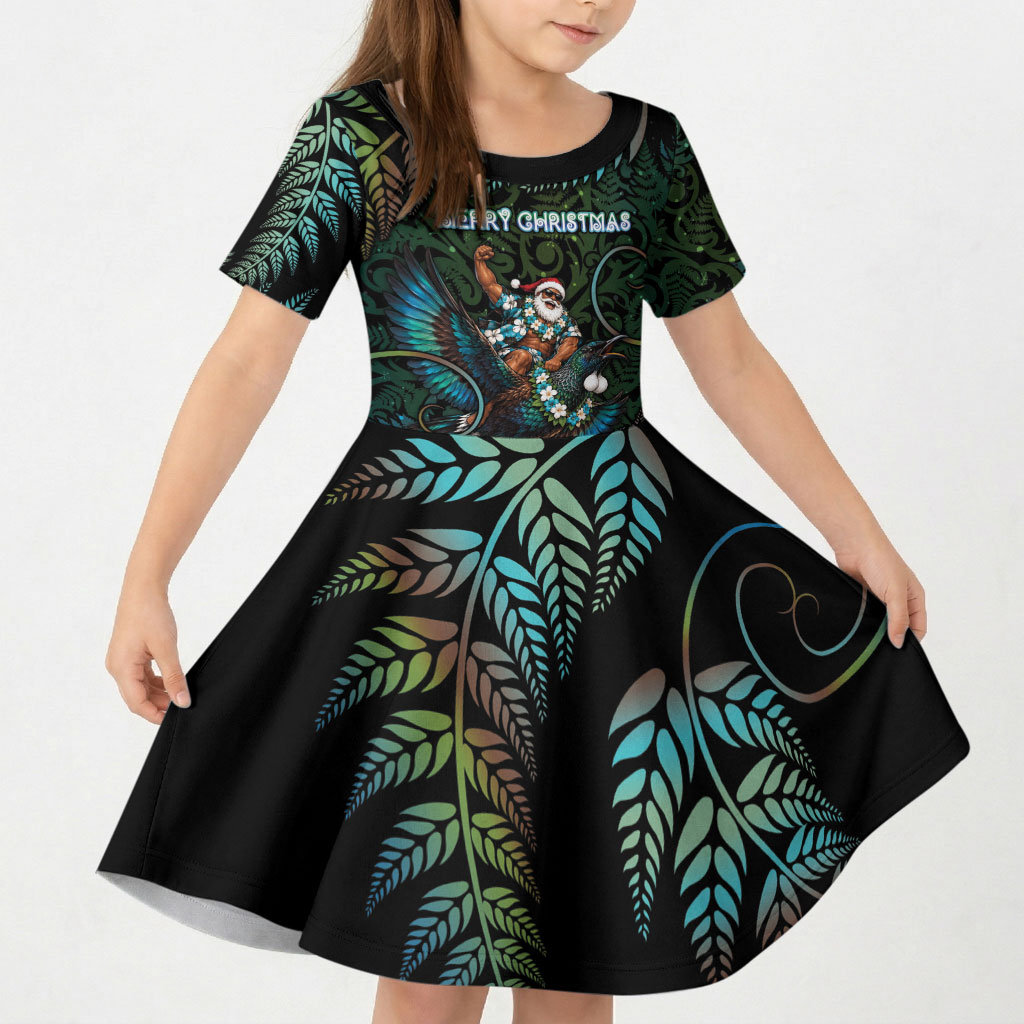 New Zealand Christmas Kid Short Sleeve Dress Santa Riding Tui Bird Silver Fern