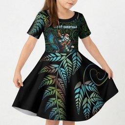 New Zealand Christmas Kid Short Sleeve Dress Santa Riding Tui Bird Silver Fern