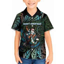 New Zealand Christmas Kid Hawaiian Shirt Santa Riding Tui Bird Silver Fern