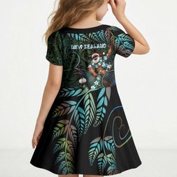 New Zealand Christmas Kid Short Sleeve Dress Santa Riding Tui Bird Silver Fern
