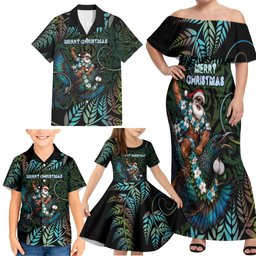 New Zealand Christmas Family Matching Off Shoulder Maxi Dress and Hawaiian Shirt Santa Riding Tui Bird Silver Fern