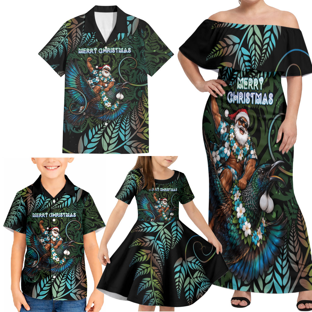 New Zealand Christmas Family Matching Off Shoulder Maxi Dress and Hawaiian Shirt Santa Riding Tui Bird Silver Fern