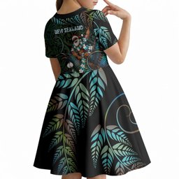 New Zealand Christmas Kid Short Sleeve Dress Santa Riding Tui Bird Silver Fern