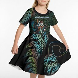 New Zealand Christmas Kid Short Sleeve Dress Santa Riding Tui Bird Silver Fern